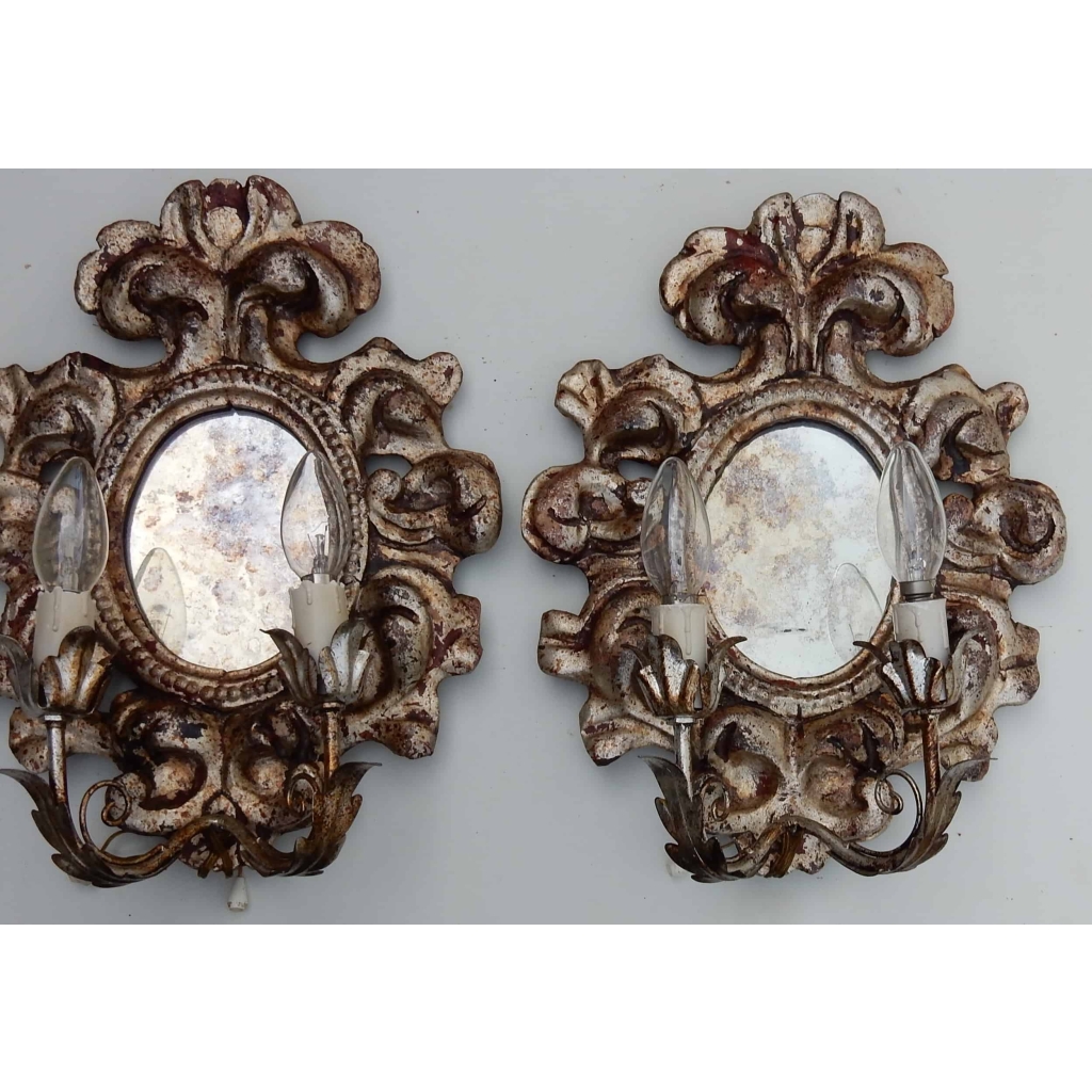 1950′ Paire d Appliques Renaissance Italienne de Style En Bois Argenté | Biron 1950' Paire d Appliques Renaissance Italienne de Style En Bois Argenté