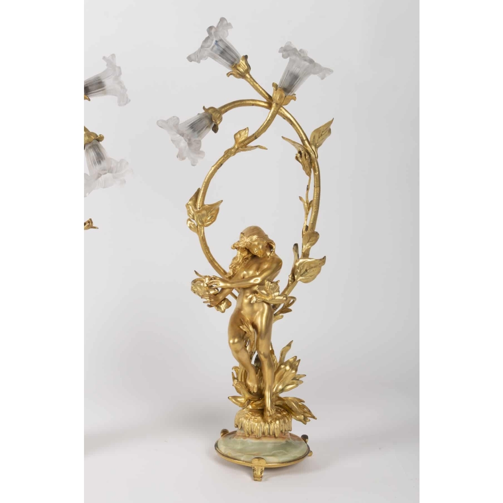 Paire de lampes Art Nouveau en bronze doré et cristal | Biron Paire de lampes Art Nouveau en bronze doré et cristal