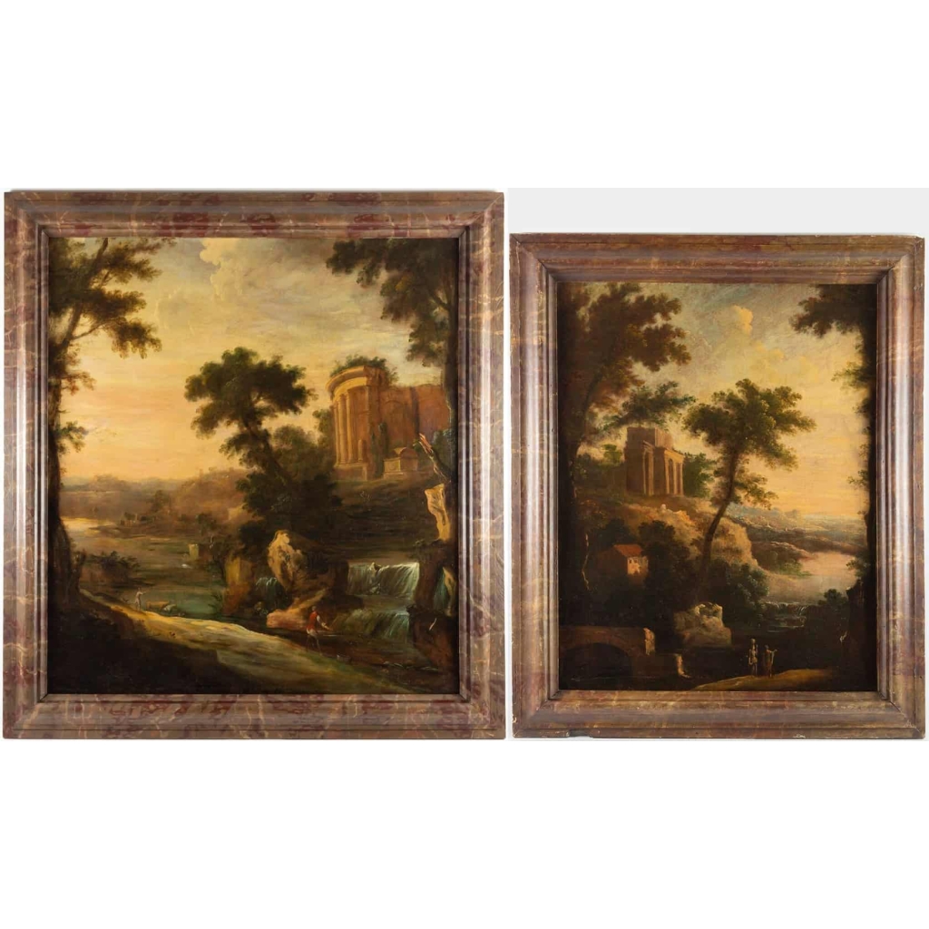 Paire de tableaux paysages italiens 18e siècle 2