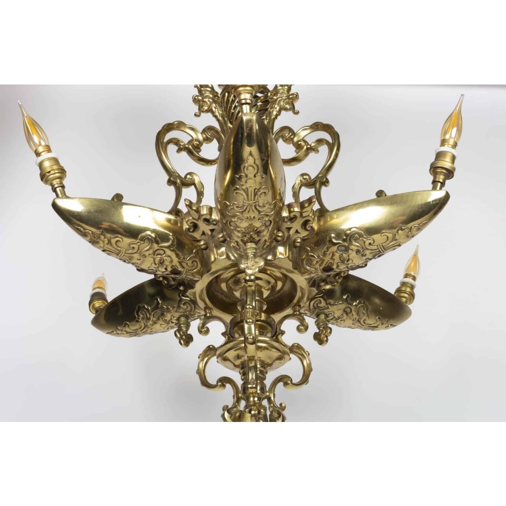 Lustre en bronze doré à 6 lumières époque Napoléon III | Biron Lustre en bronze doré à 6 lumières époque Napoléon III