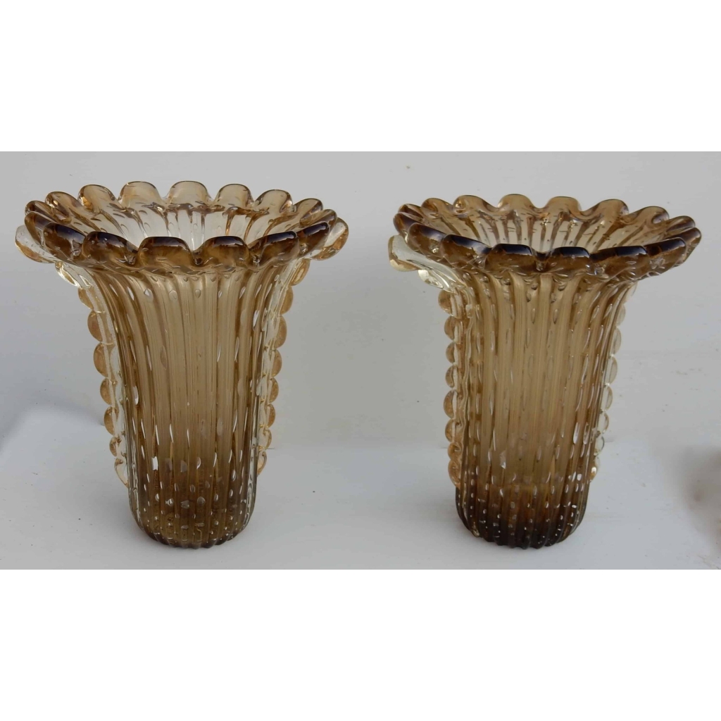 1970′ Paire De Vases Cristal Murano Fumés Et Or Toso Signés | Biron |||||||||||||