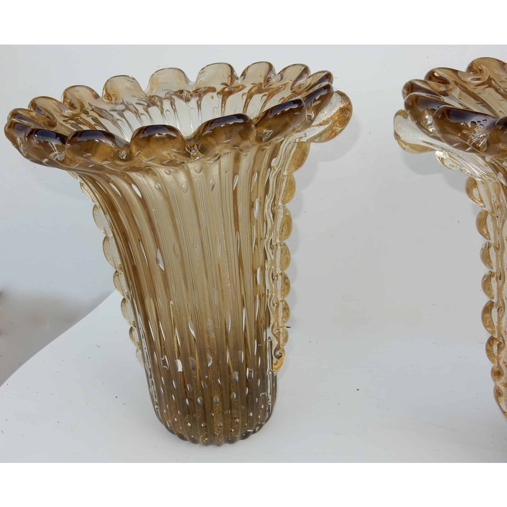 1970′ Paire De Vases Cristal Murano Fumés Et Or Toso Signés | Biron 1970' Paire De Vases Cristal Murano Fumés Et Or Toso Signés