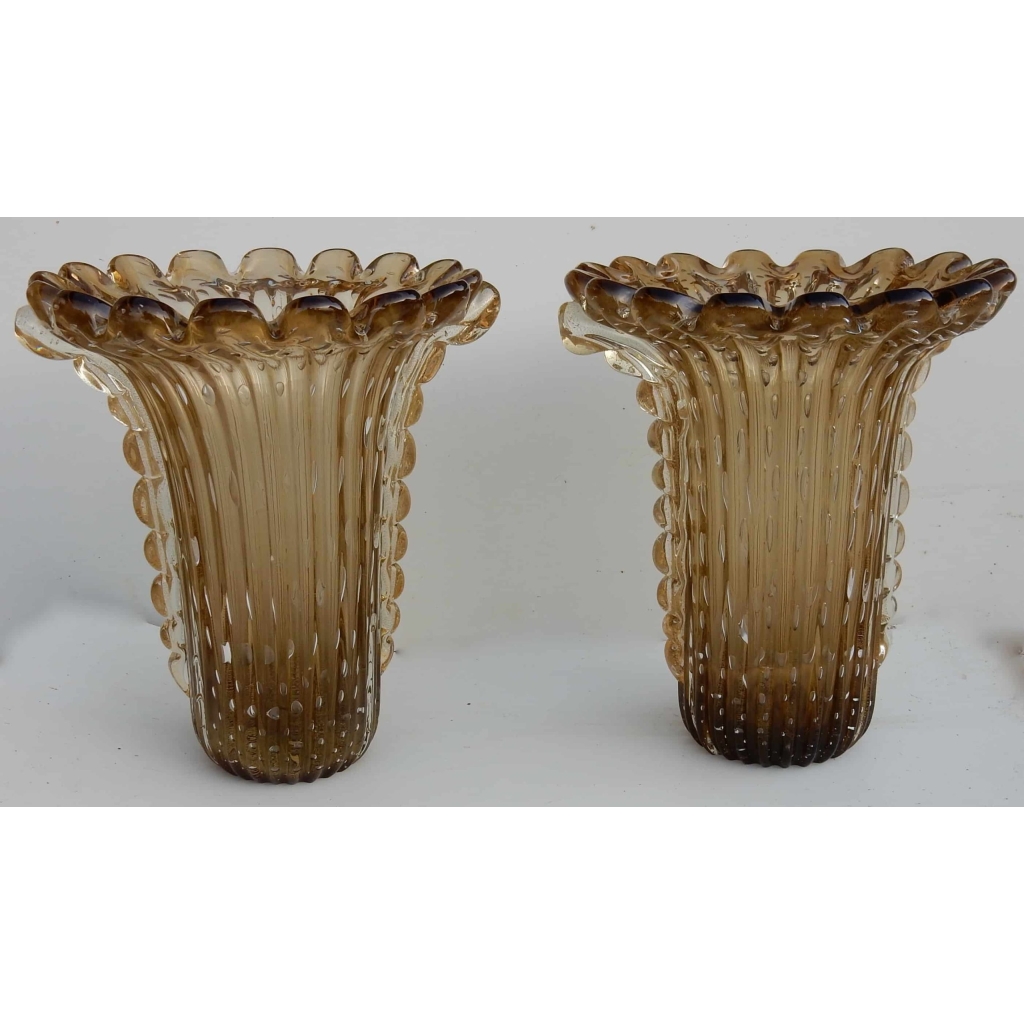 1970′ Paire De Vases Cristal Murano Fumés Et Or Toso Signés | Biron 1970' Paire De Vases Cristal Murano Fumés Et Or Toso Signés