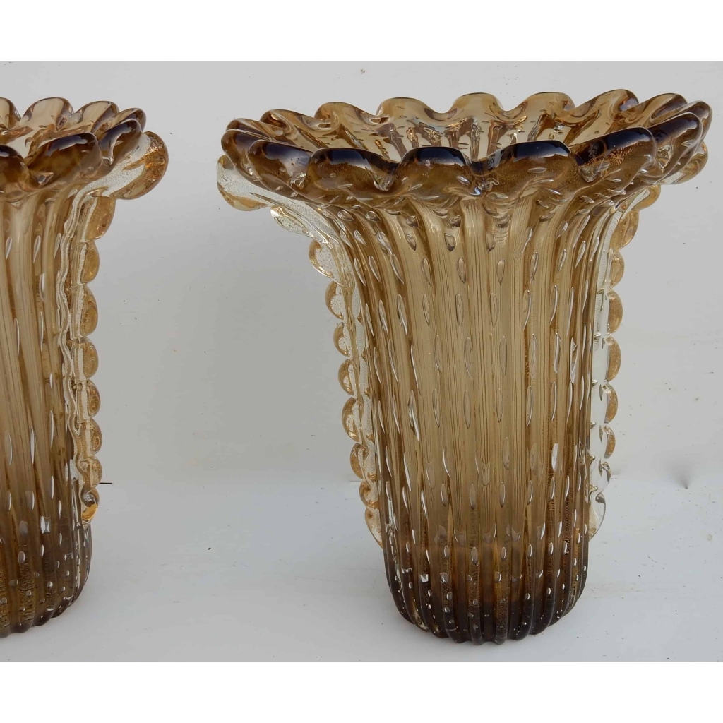 1970′ Paire De Vases Cristal Murano Fumés Et Or Toso Signés | Biron 1970' Paire De Vases Cristal Murano Fumés Et Or Toso Signés