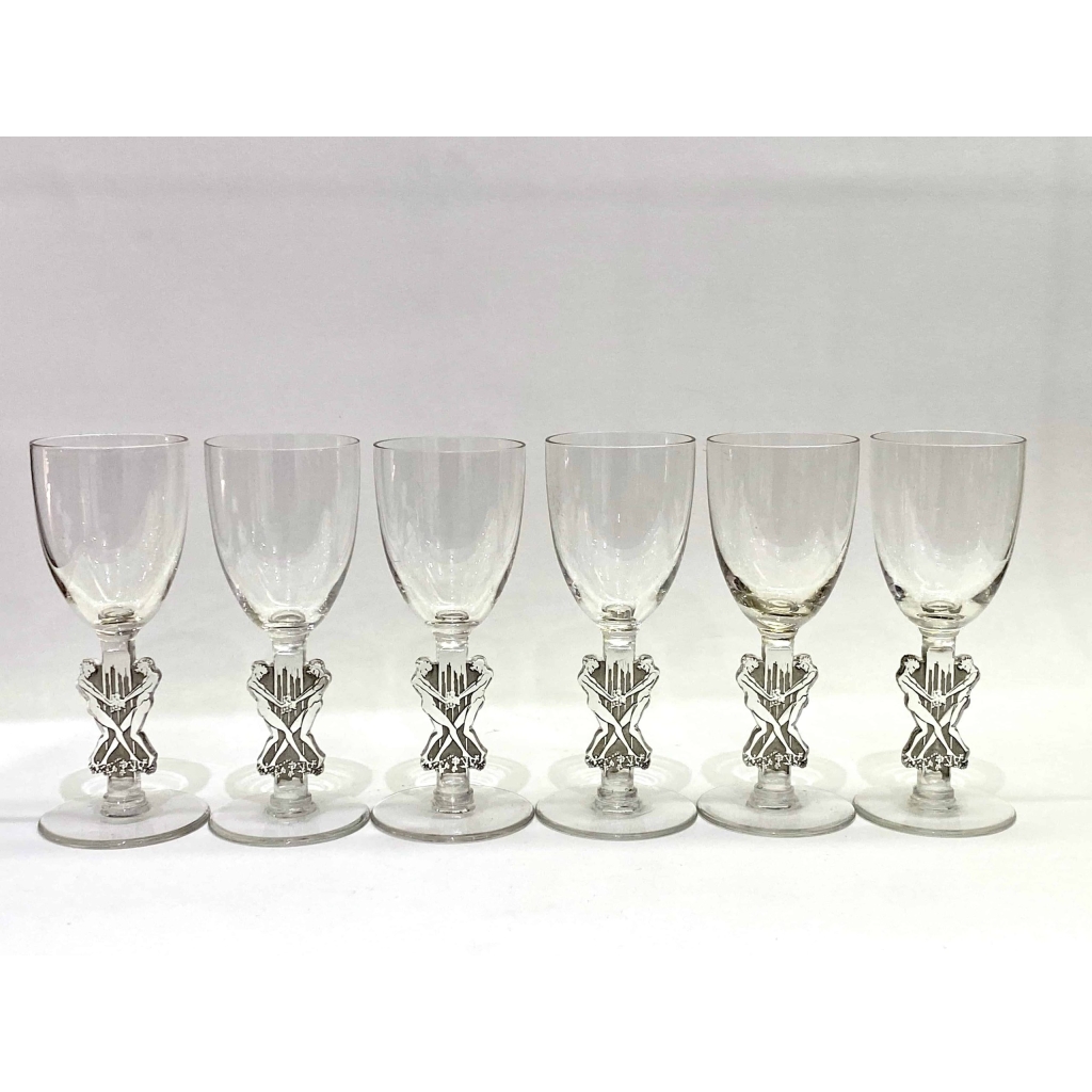 Suite de Six 6 Verres à Liqueur « Strasbourg » verre blanc patiné gris de René LALIQUE 11.5cm | Biron |||||