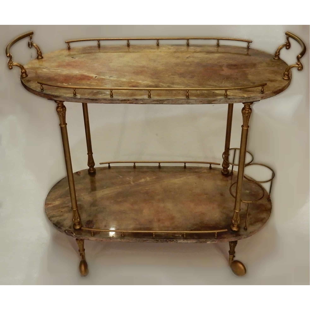 1970′ Bar Roulant Aldo Tura Bronze Doré Plateaux Gainés Peau De Chèvre | Biron ||||||||||||||