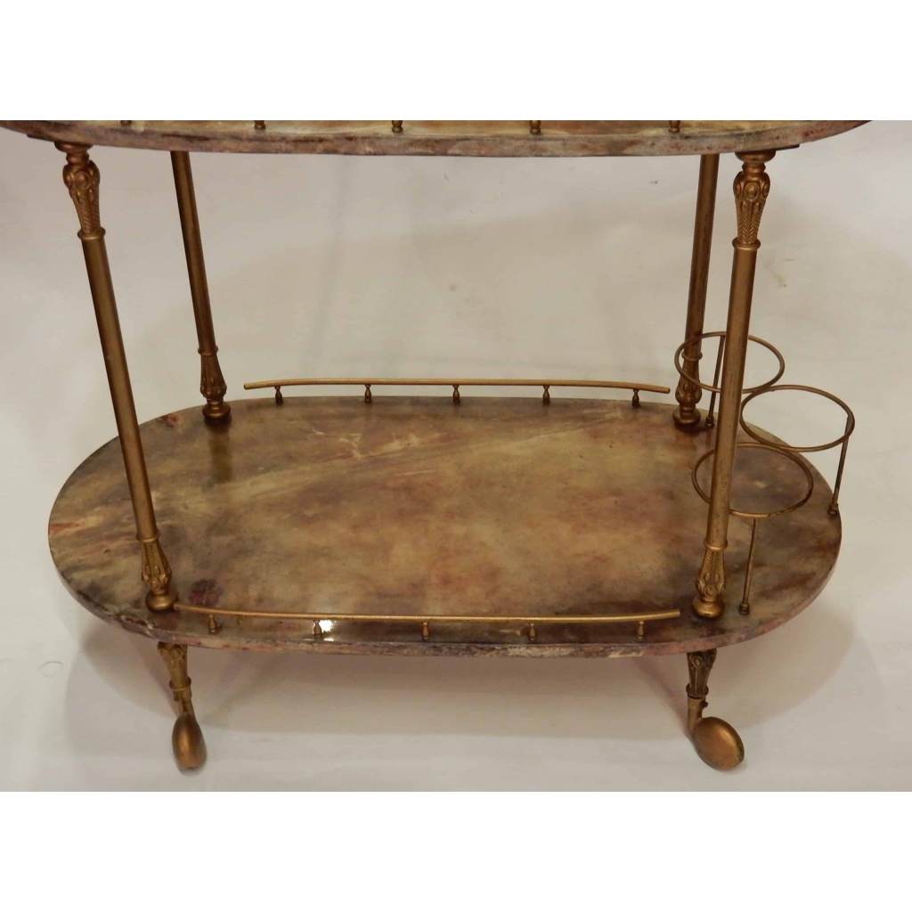 1970′ Bar Roulant Aldo Tura Bronze Doré Plateaux Gainés Peau De Chèvre | Biron 1970' Bar Roulant Aldo Tura Bronze Doré Plateaux Gainés Peau De Chèvre