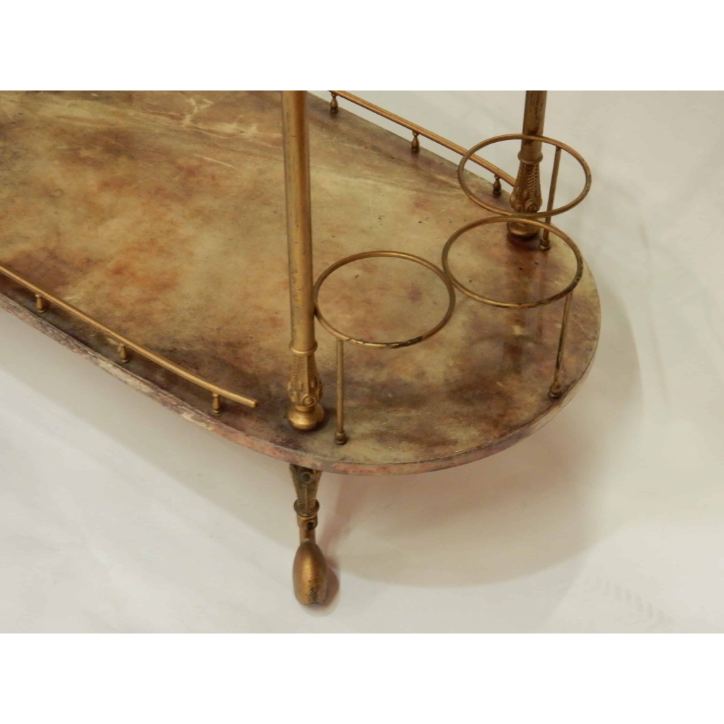 1970′ Bar Roulant Aldo Tura Bronze Doré Plateaux Gainés Peau De Chèvre | Biron 1970' Bar Roulant Aldo Tura Bronze Doré Plateaux Gainés Peau De Chèvre