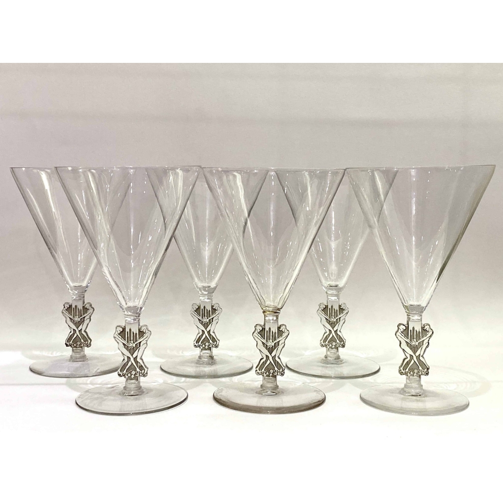 Suite de Six 6 Verres à Eau « Strasbourg » verre blanc patiné gris de René LALIQUE 15.5cm | Biron ||||