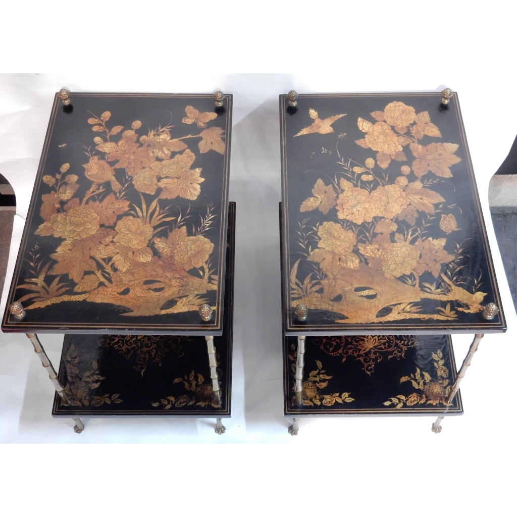1950′ Paire de Tables Maison Baguès Decor Bambou en Bronze Doré Avec Plateaux Laque de Chine | Biron |||||||||||||||