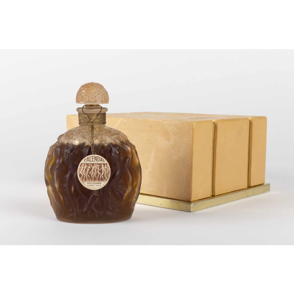 Flacon « Calendal » verre blanc patiné sépia scellé avec boîte, jus d'origine et étiquette de René LALIQUE pour MOLINARD