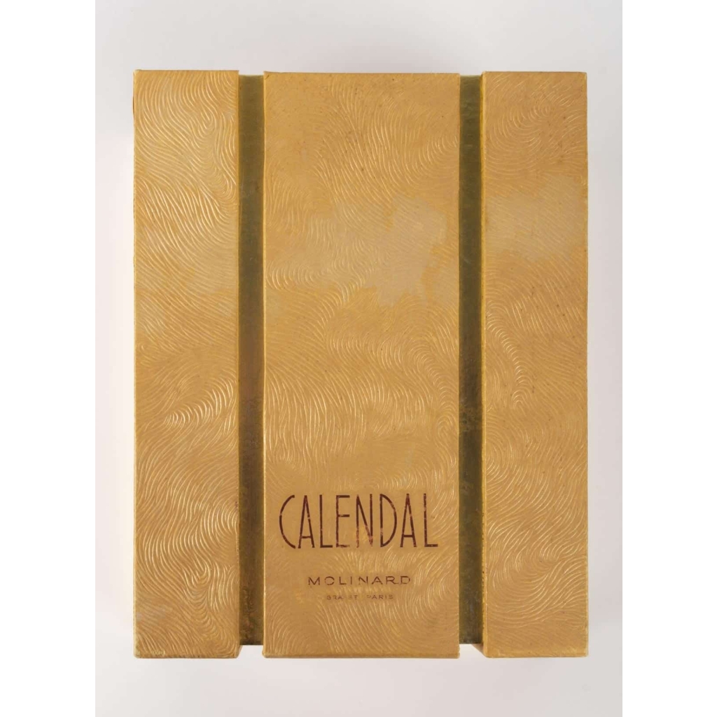 Flacon « Calendal » verre blanc patiné sépia scellé avec boîte, jus d'origine et étiquette de René LALIQUE pour MOLINARD