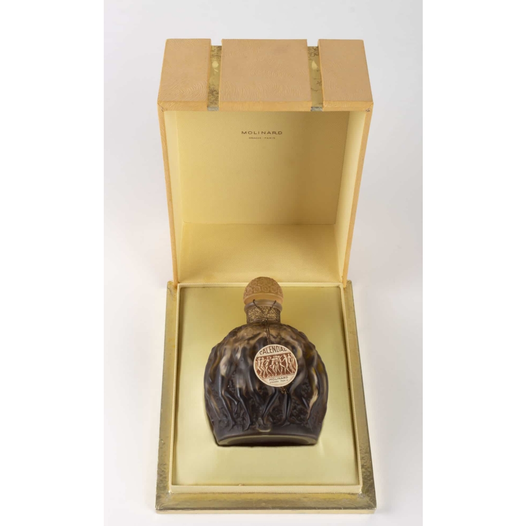 Flacon « Calendal » verre blanc patiné sépia scellé avec boîte, jus d'origine et étiquette de René LALIQUE pour MOLINARD