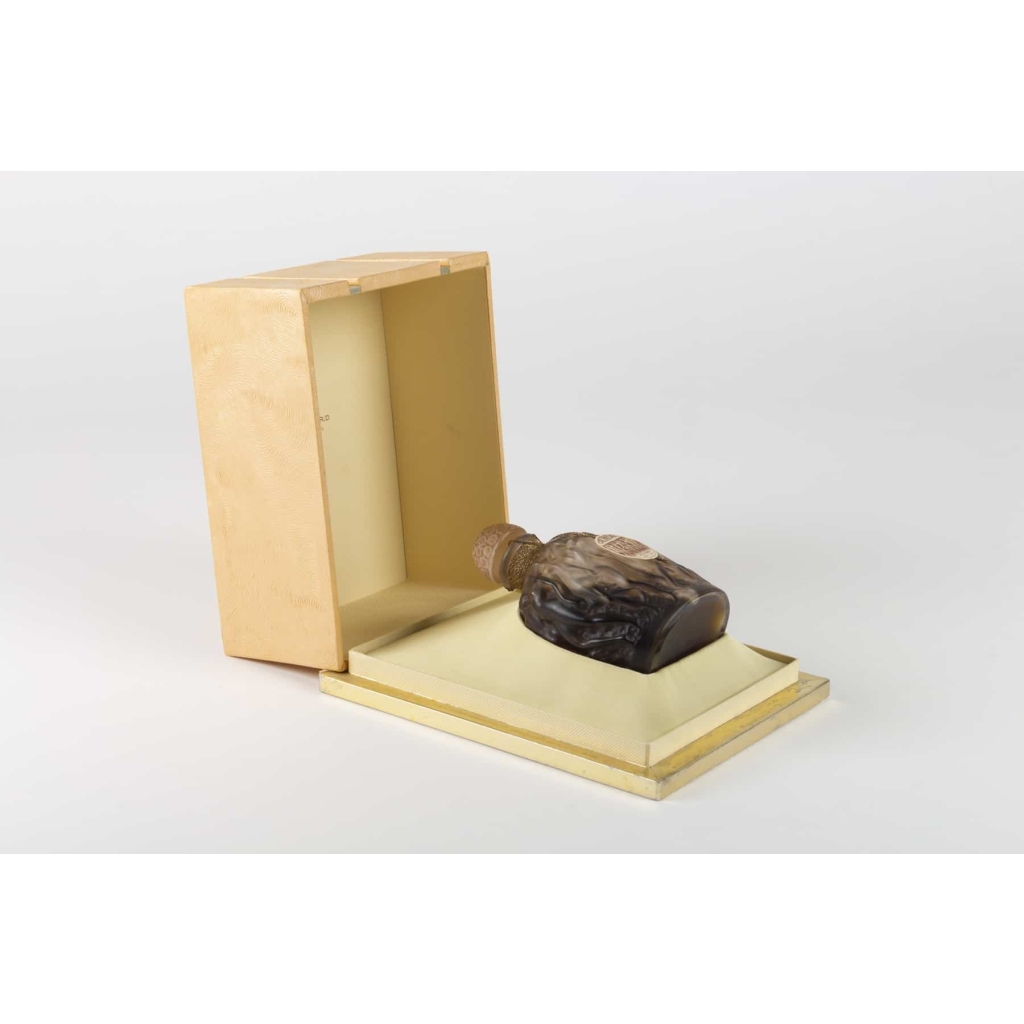 Flacon « Calendal » verre blanc patiné sépia scellé avec boîte, jus d'origine et étiquette de René LALIQUE pour MOLINARD