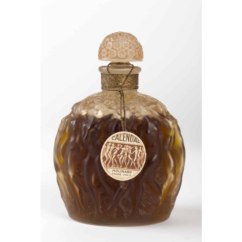Flacon « Calendal » verre blanc patiné sépia scellé avec boîte, jus d'origine et étiquette de René LALIQUE pour MOLINARD