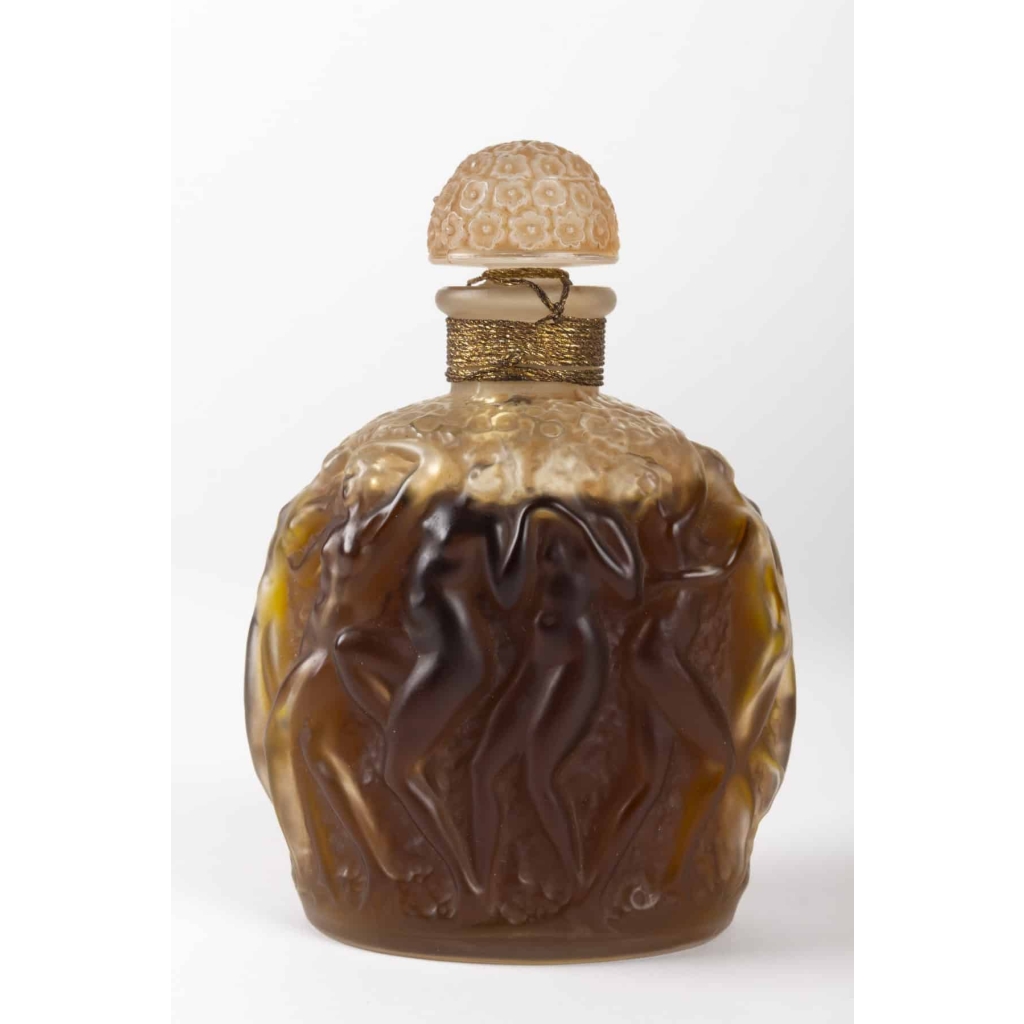 Flacon « Calendal » verre blanc patiné sépia scellé avec boîte, jus d'origine et étiquette de René LALIQUE pour MOLINARD