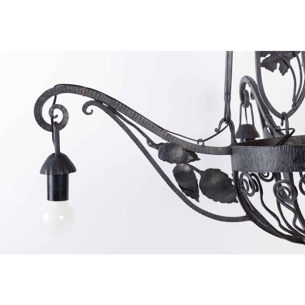 Lustre Art Déco 1930 en fer forgé à 4 lumières | Biron Lustre Art Déco 1930 en fer forgé à 4 lumières