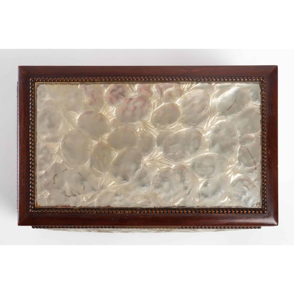 Coffret « Monnaie du Pape » verre blanc et clinquant argenté, bâti en bois de René LALIQUE | Biron Coffret « Monnaie du Pape » verre blanc et clinquant argenté, bâti en bois de René LALIQUE