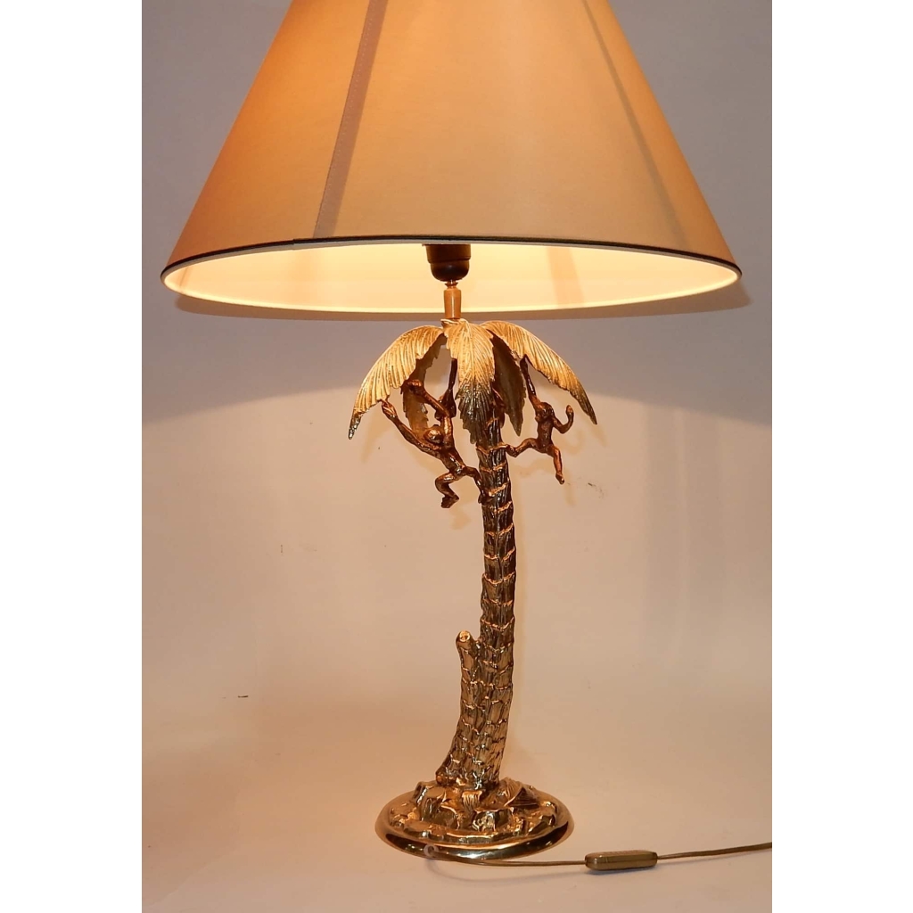 1980′ Lampe En Bronze Doré Aux Singes Dans Un Palmier | Biron ||||||||