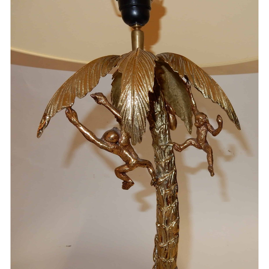 1980′ Lampe En Bronze Doré Aux Singes Dans Un Palmier | Biron 1980' Lampe En Bronze Doré Aux Singes Dans Un Palmier