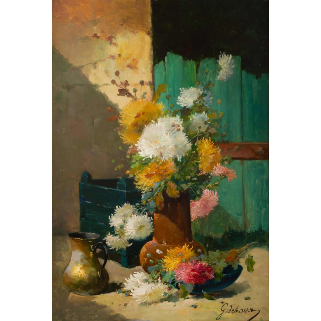Emile Godchaux (1860 – 1938): Bouquet de chrysanthèmes. | Biron Emile Godchaux (1860 - 1938): Bouquet de chrysanthèmes.