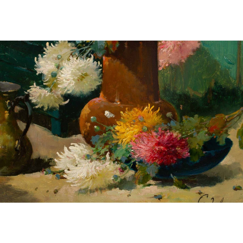 Emile Godchaux (1860 – 1938): Bouquet de chrysanthèmes. | Biron Emile Godchaux (1860 - 1938): Bouquet de chrysanthèmes.