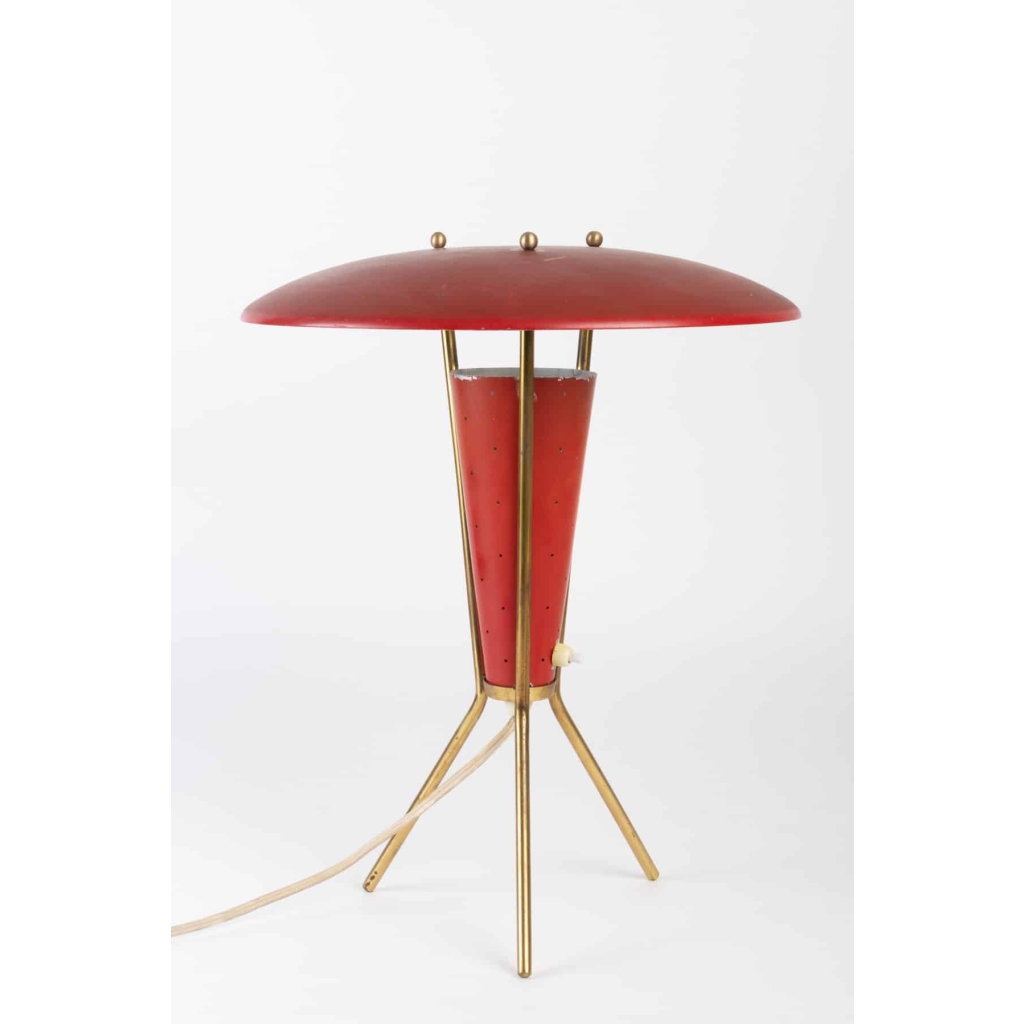 Lampe tripode années 50 en laiton et métal laqué rouge | Biron |||||||||