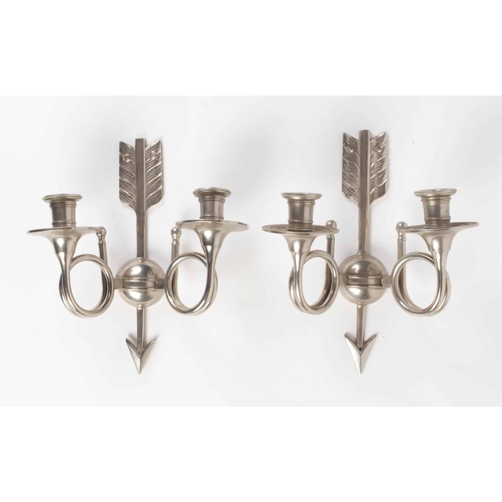 Paire d’appliques en bronze argenté à 2 lumières 20e siècle | Biron |||||||||