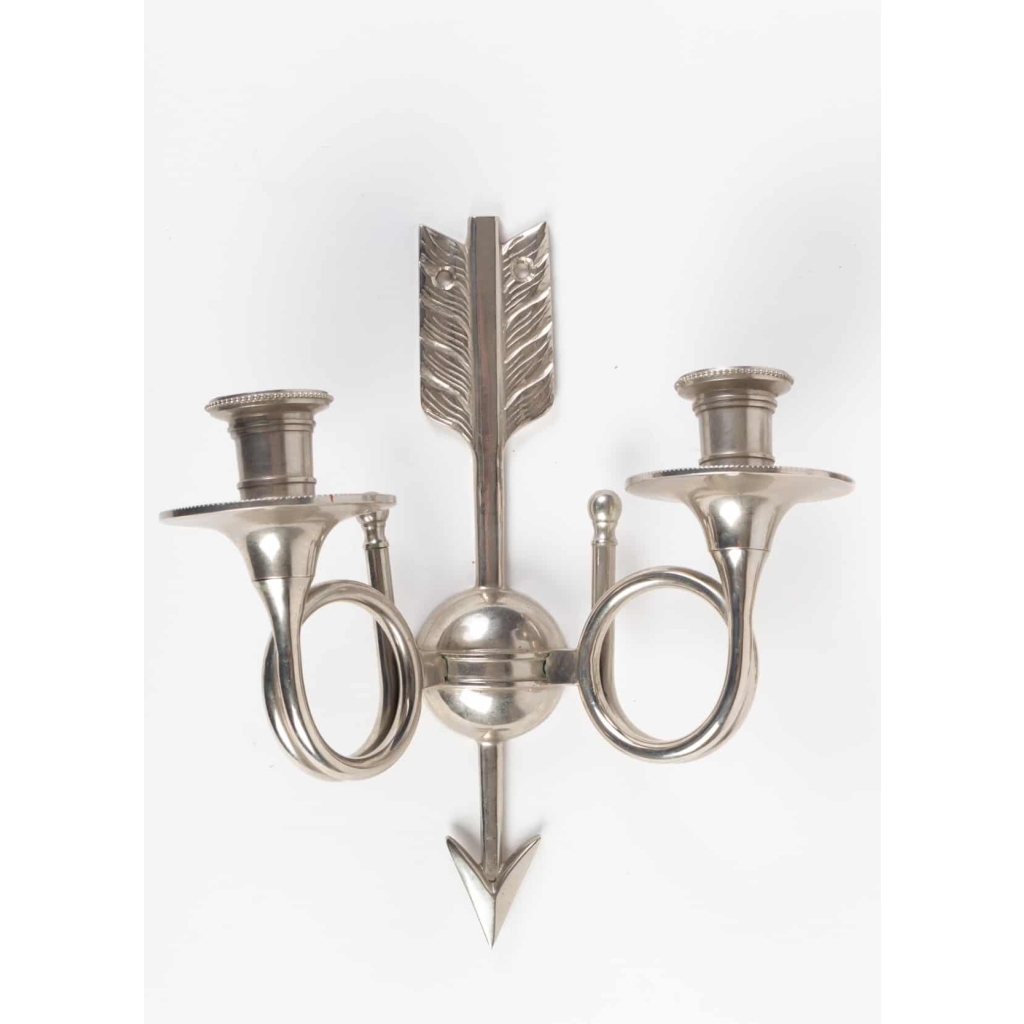 Paire d’appliques en bronze argenté à 2 lumières 20e siècle | Biron Paire d'appliques en bronze argenté à 2 lumières 20e siècle