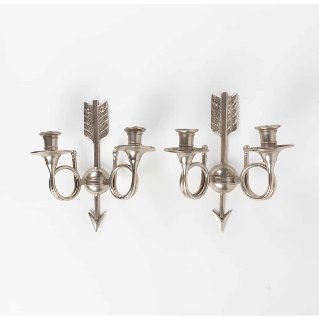 Paire d’appliques en bronze argenté à 2 lumières 20e siècle | Biron Paire d'appliques en bronze argenté à 2 lumières 20e siècle