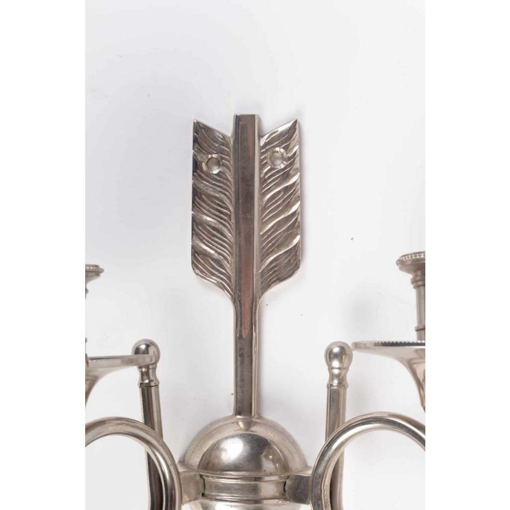 Paire d’appliques en bronze argenté à 2 lumières 20e siècle | Biron Paire d'appliques en bronze argenté à 2 lumières 20e siècle