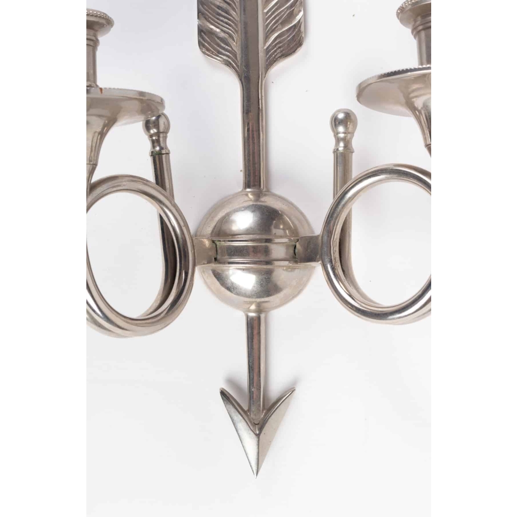 Paire d’appliques en bronze argenté à 2 lumières 20e siècle | Biron Paire d'appliques en bronze argenté à 2 lumières 20e siècle