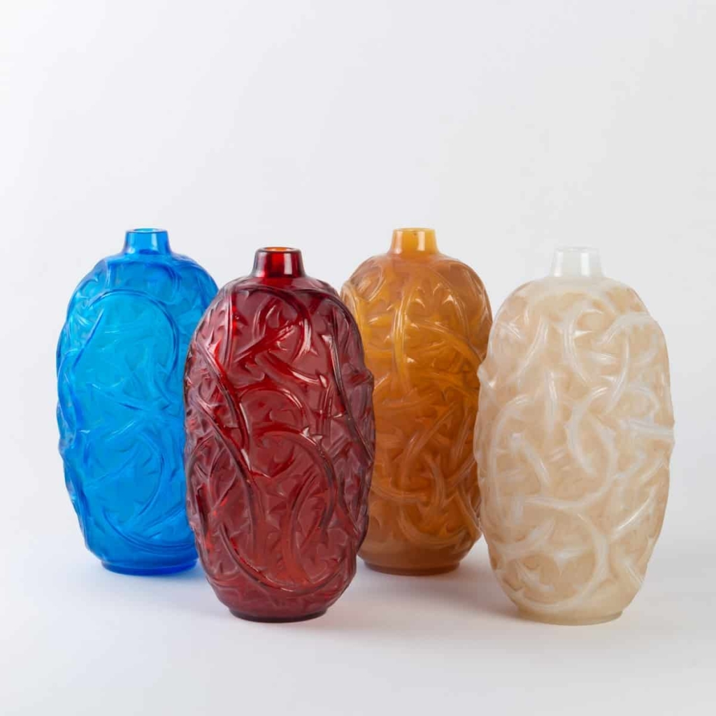 Série de vases « Ronces » verre rouge, bleu, opalescent et butterscotch de René LALIQUE