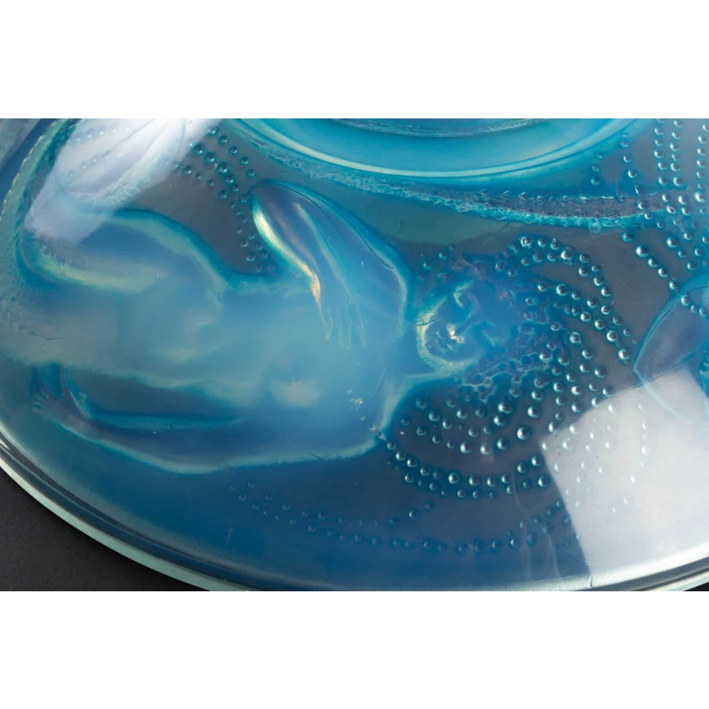 Encrier « Trois Sirènes » verre opalescent patiné bleu de René LALIQUE