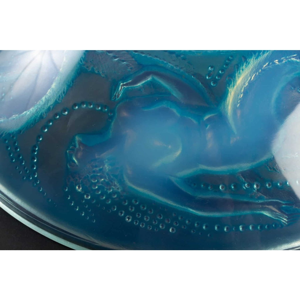 Encrier « Trois Sirènes » verre opalescent patiné bleu de René LALIQUE