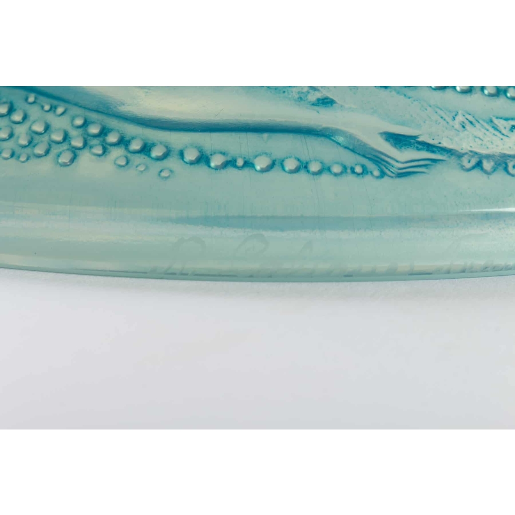 Encrier « Trois Sirènes » verre opalescent patiné bleu de René LALIQUE