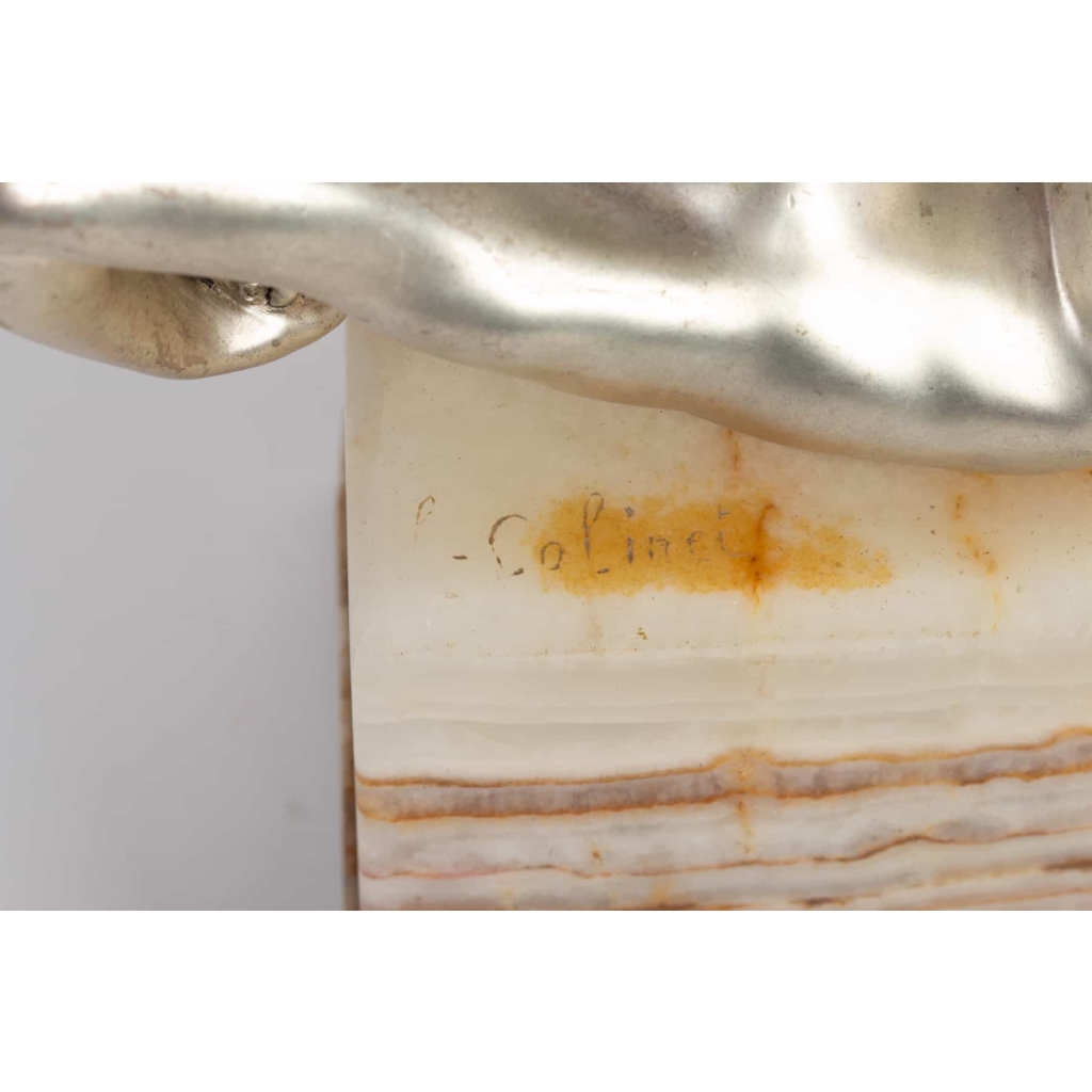 Sculpture en bronze argenté et ONYX signée COLINET JONGLEUSE AU CERCEAU