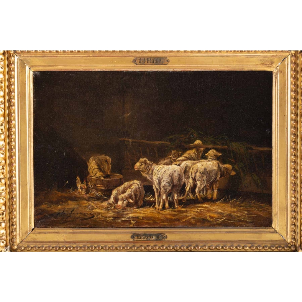 Tableau "L'étable" huile sur toile signée Charles JACQUE