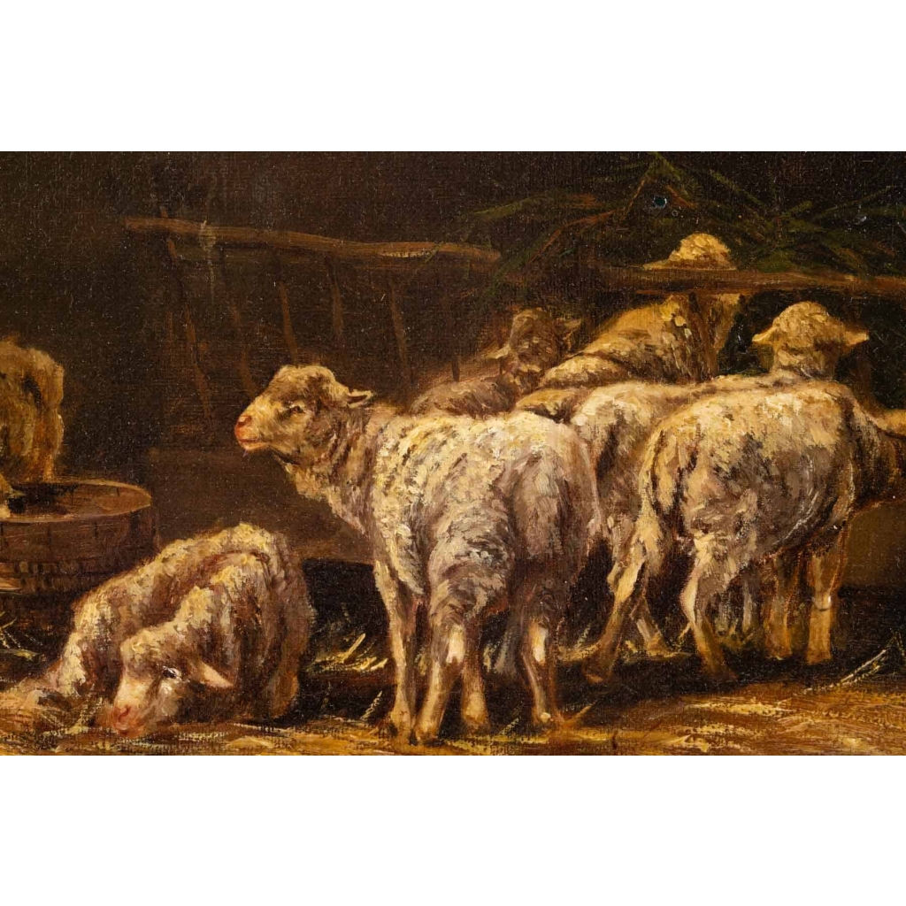 Tableau "L'étable" huile sur toile signée Charles JACQUE