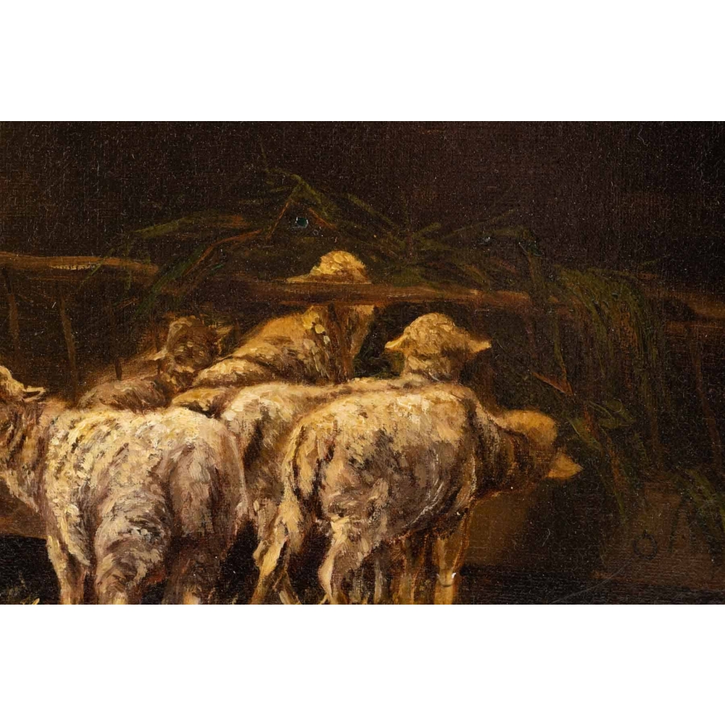 Tableau "L'étable" huile sur toile signée Charles JACQUE