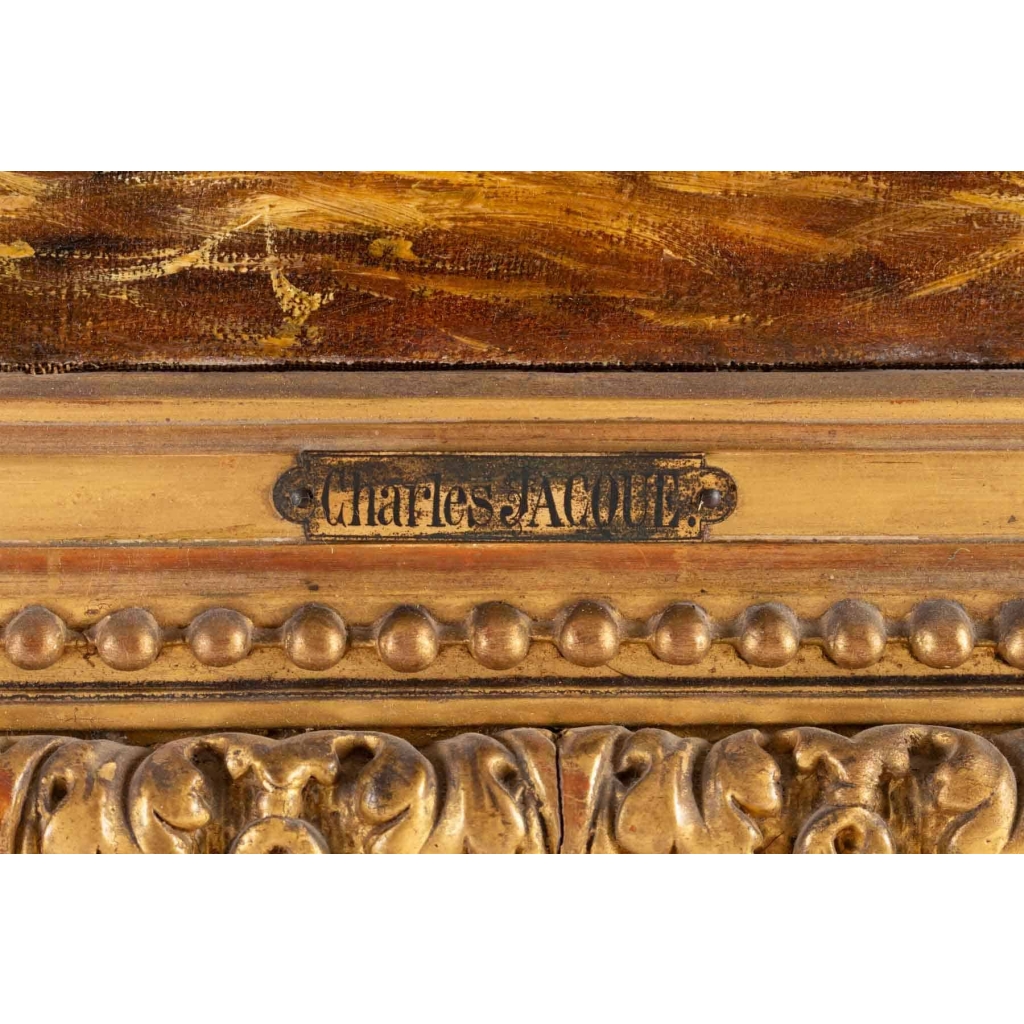 Tableau "L'étable" huile sur toile signée Charles JACQUE