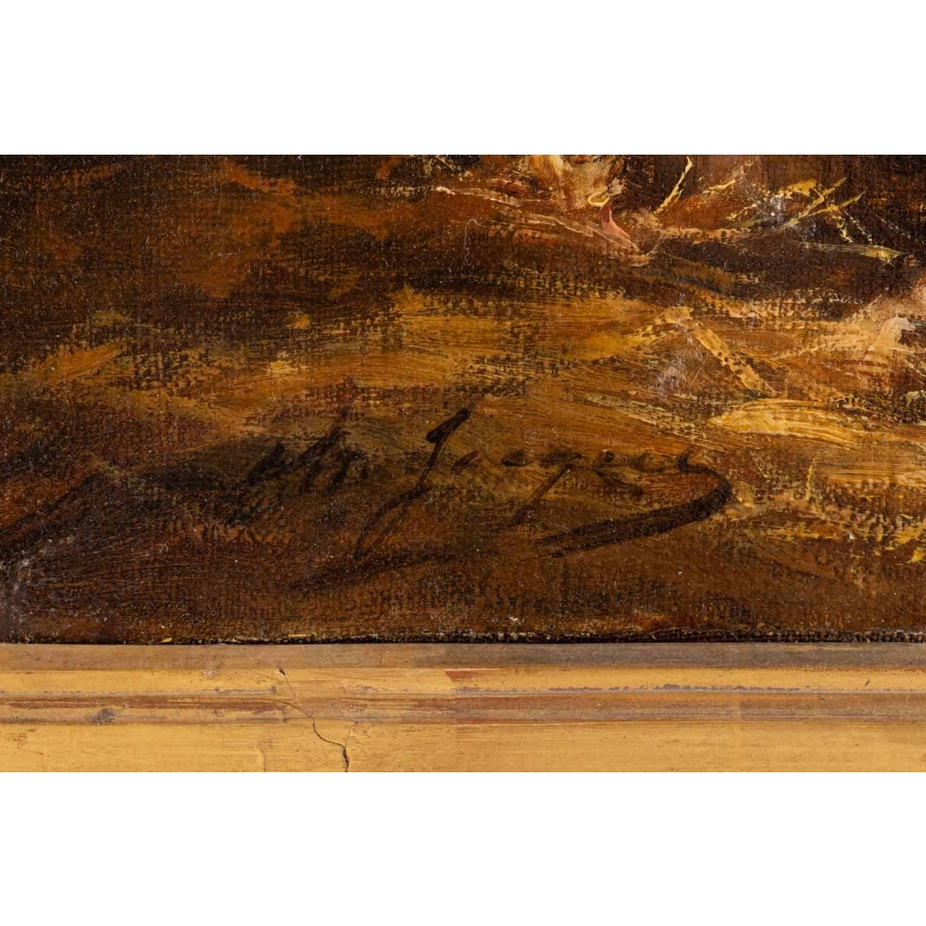 Tableau "L'étable" huile sur toile signée Charles JACQUE