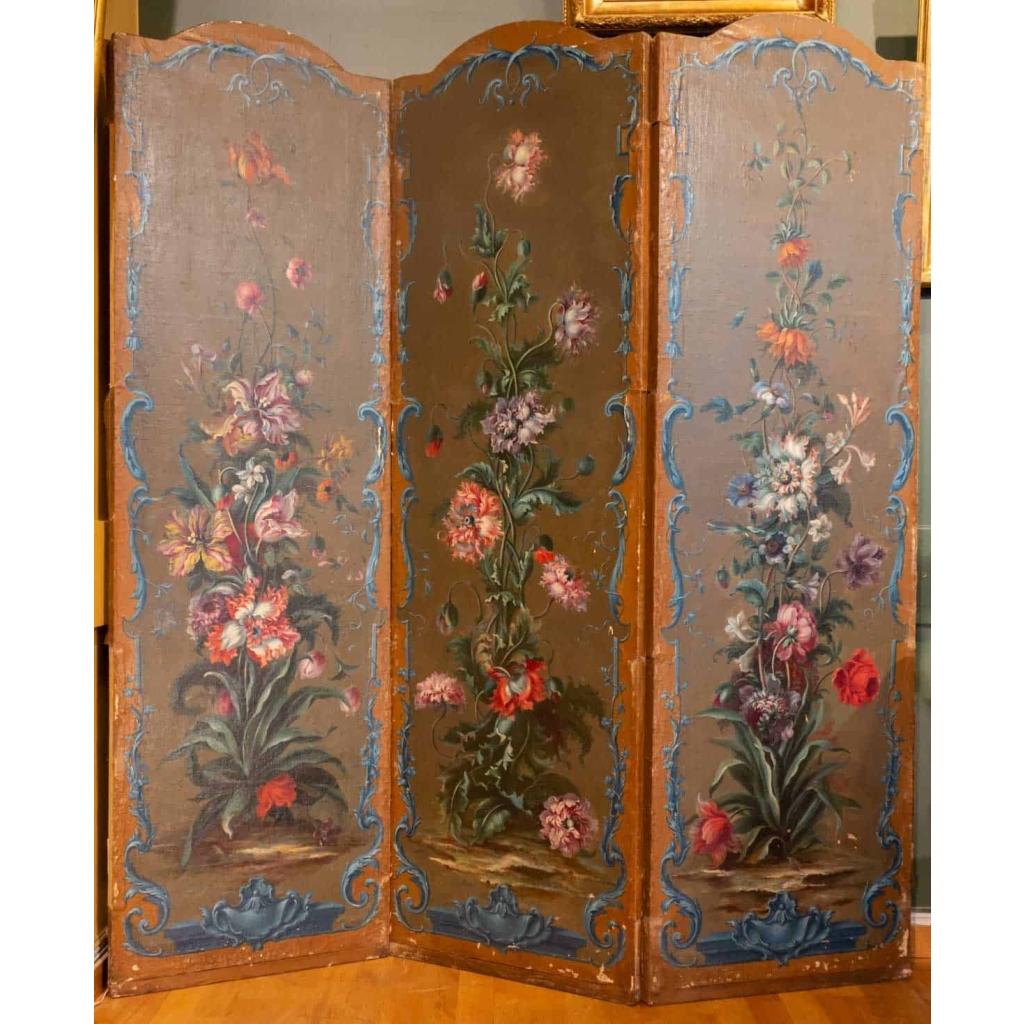 Paravent à 7 feuilles en toile peinte, style Rocaille. Début XIX ème. | Biron ||||||||||||||||