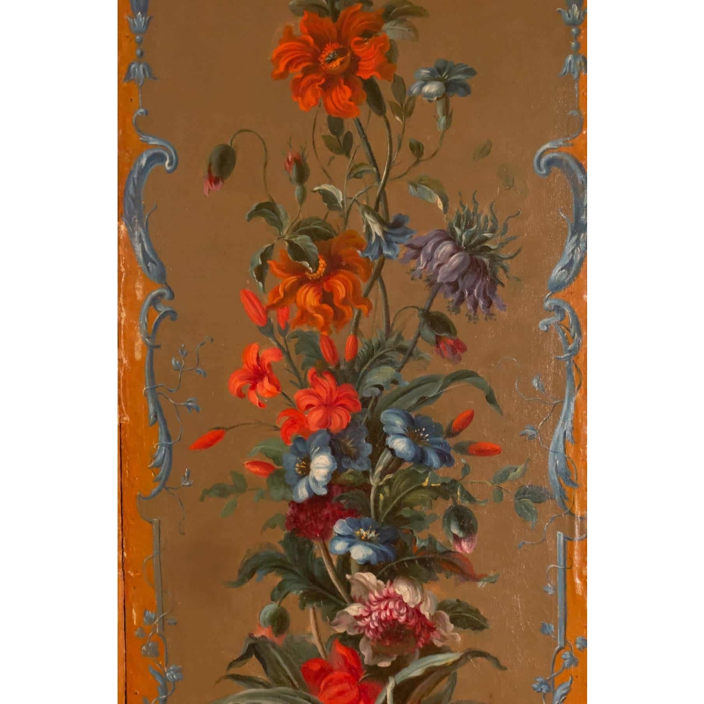 Paravent à 7 feuilles en toile peinte, style Rocaille. Début XIX ème. | Biron Paravent à 7 feuilles en toile peinte, style Rocaille. Début XIX ème.