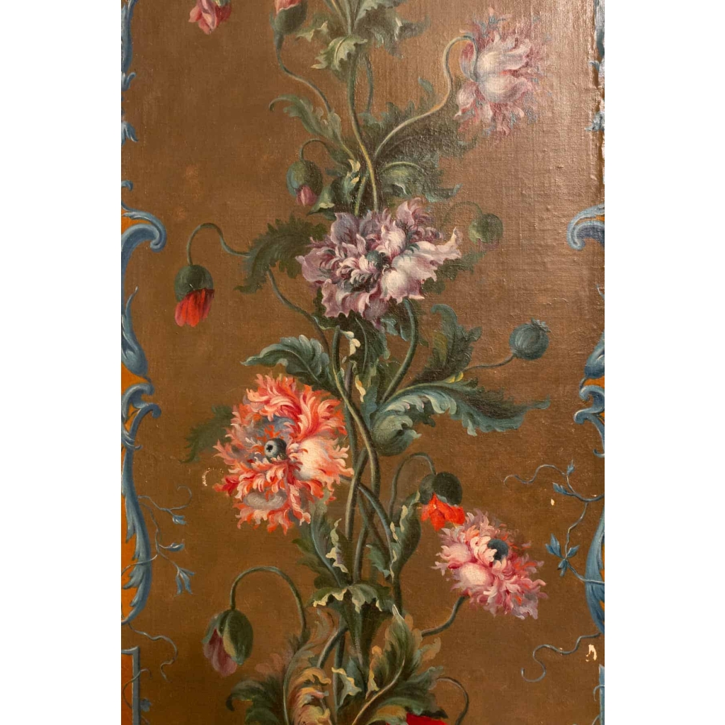 Paravent à 7 feuilles en toile peinte, style Rocaille. Début XIX ème. | Biron Paravent à 7 feuilles en toile peinte, style Rocaille. Début XIX ème.