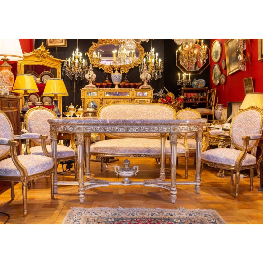 Table de style Louis XVI dessus de marbre rose fin 19e siècle | Biron Table de style Louis XVI dessus de marbre rose fin 19e siècle