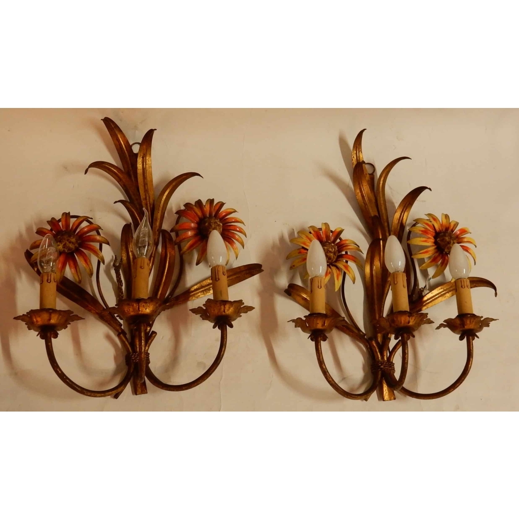 1970′ Paire d’ Appliques en Métal peint à Décor de Tournesols | Biron ||||||||||