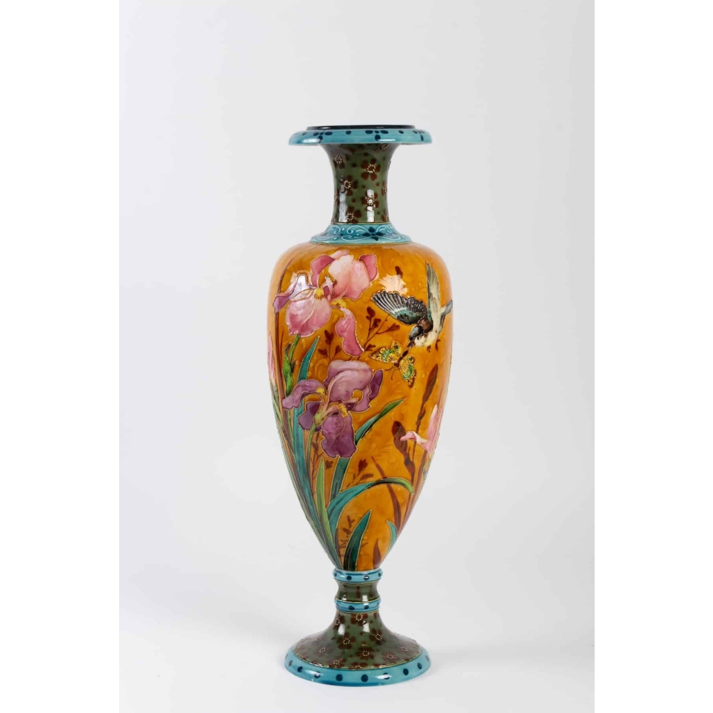 Grand Vase Art Nouveau :aux Iris et Oiseaux (1880) | Biron ||||||||