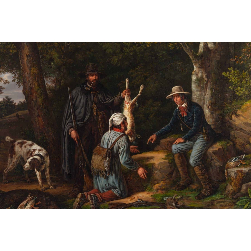 Tableau la partie de dés des chasseurs signée Jean MIEG 1842