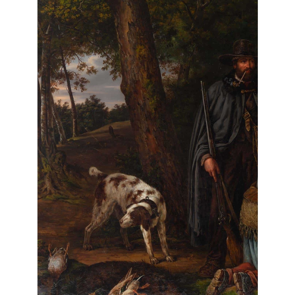 Tableau la partie de dés des chasseurs signée Jean MIEG 1842